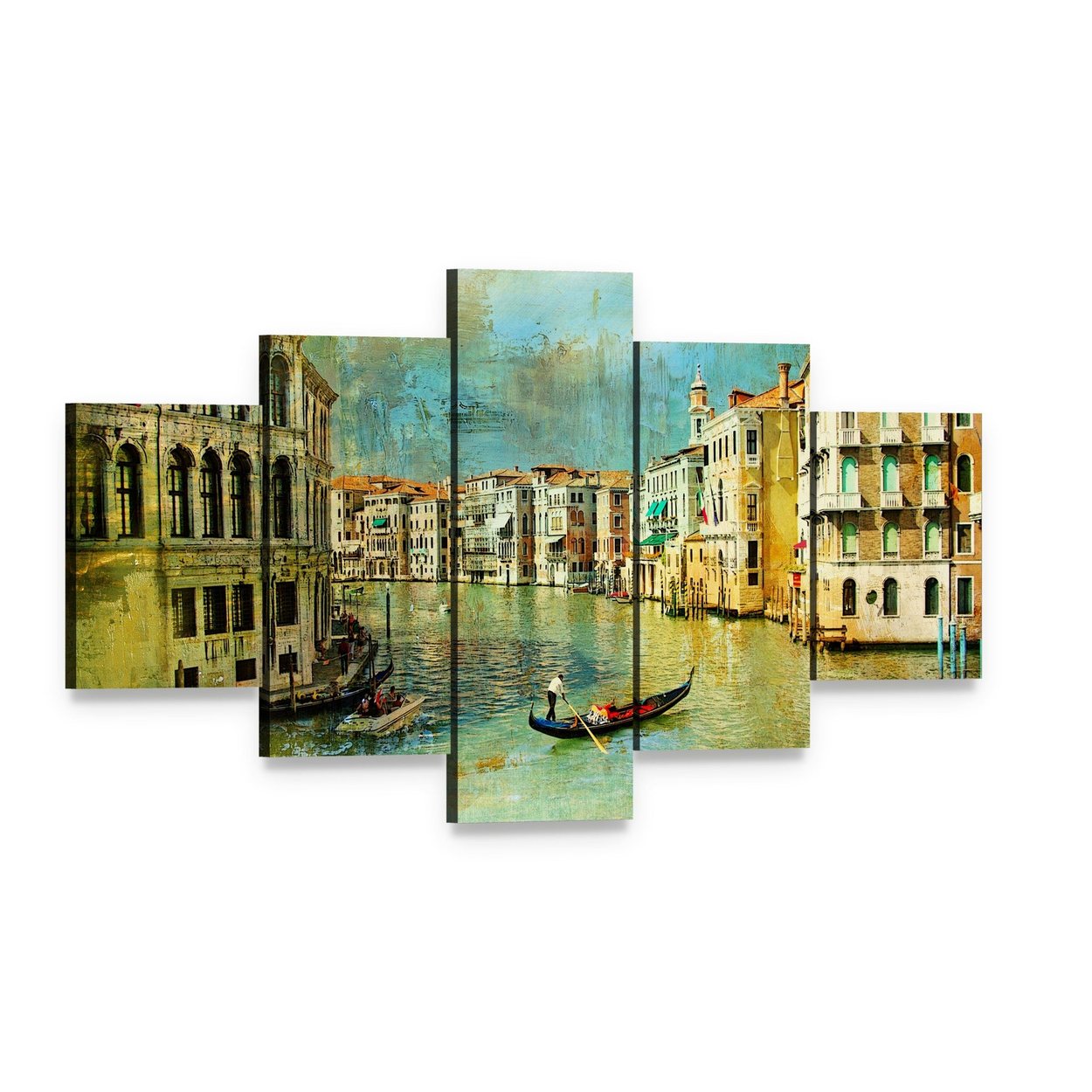 Venice Canal Gondola Painting Canvas Wall Art, 5 panel 5 Star layout gallery wrapped canvas set, angled product view