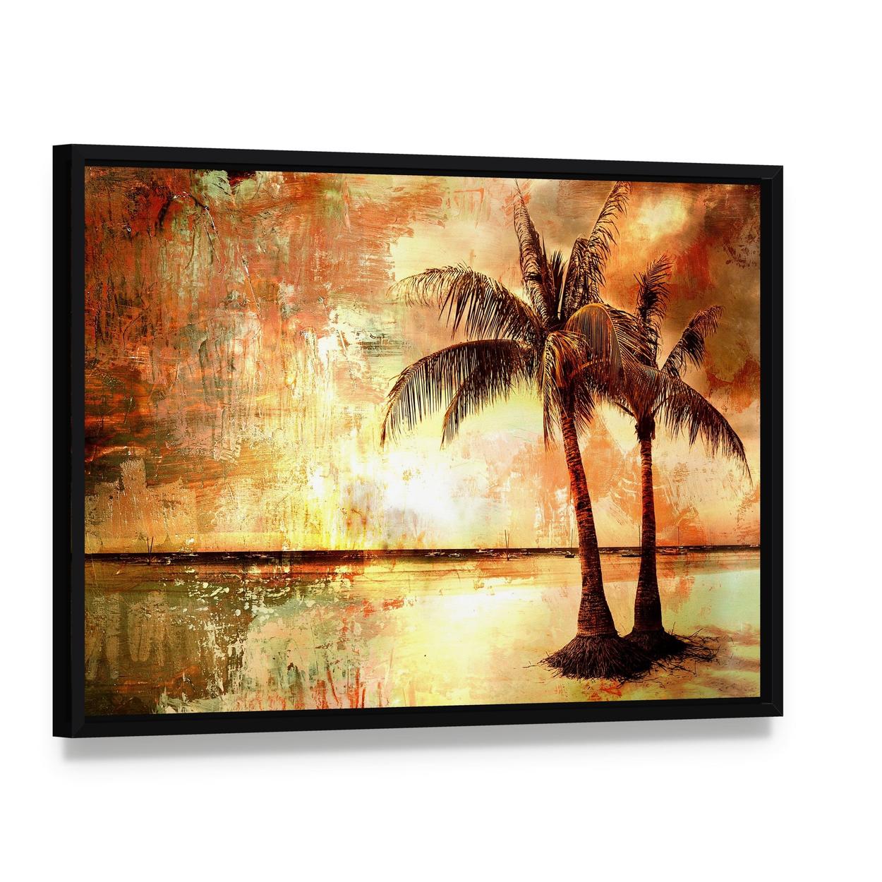 Tropical Sunset with Palm Trees and Reflection Canvas Wall Art, framed canvas in a black floater frame, angled product view