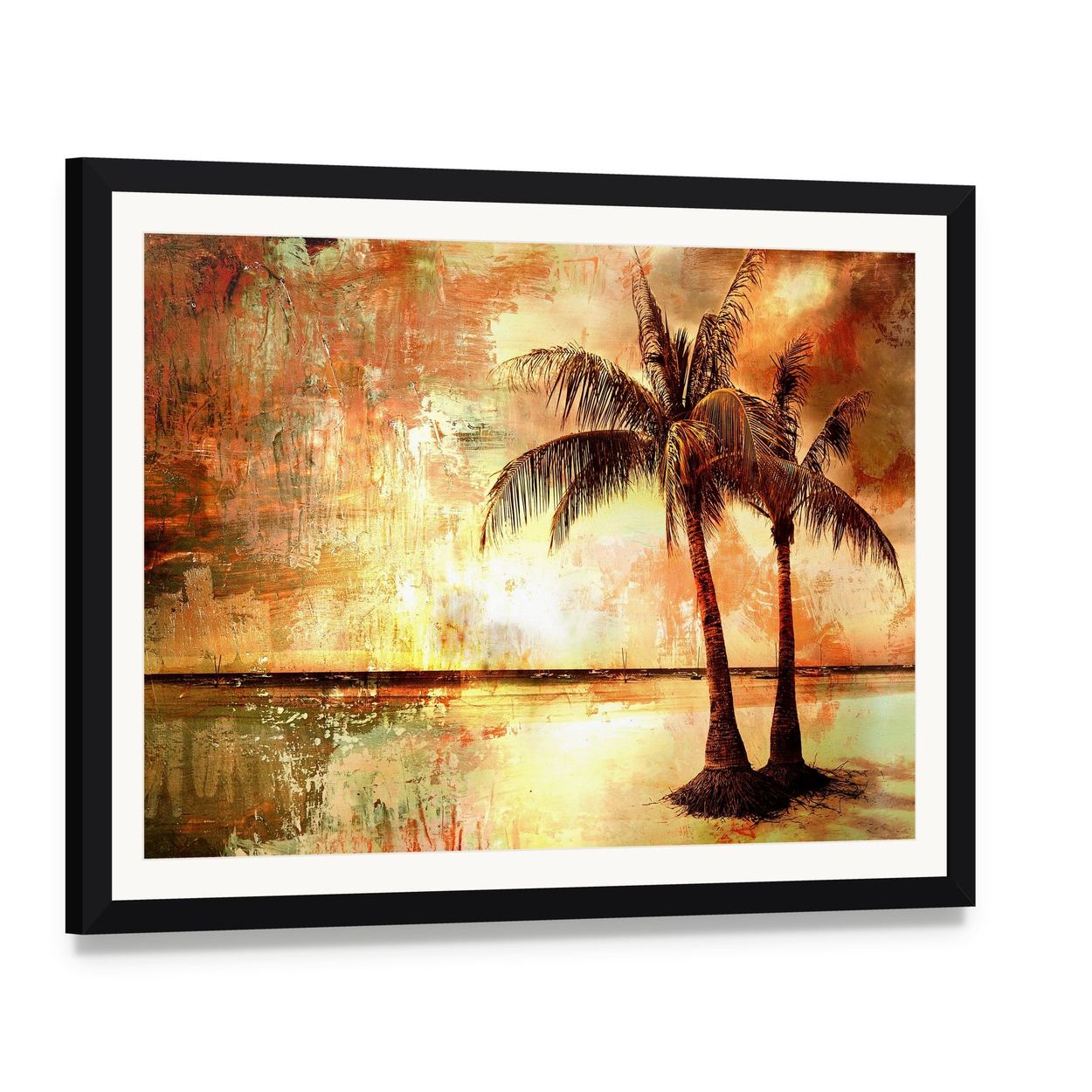 Tropical Sunset with Palm Trees and Reflection Canvas Wall Art, framed print with white mat and black frame, angled product view