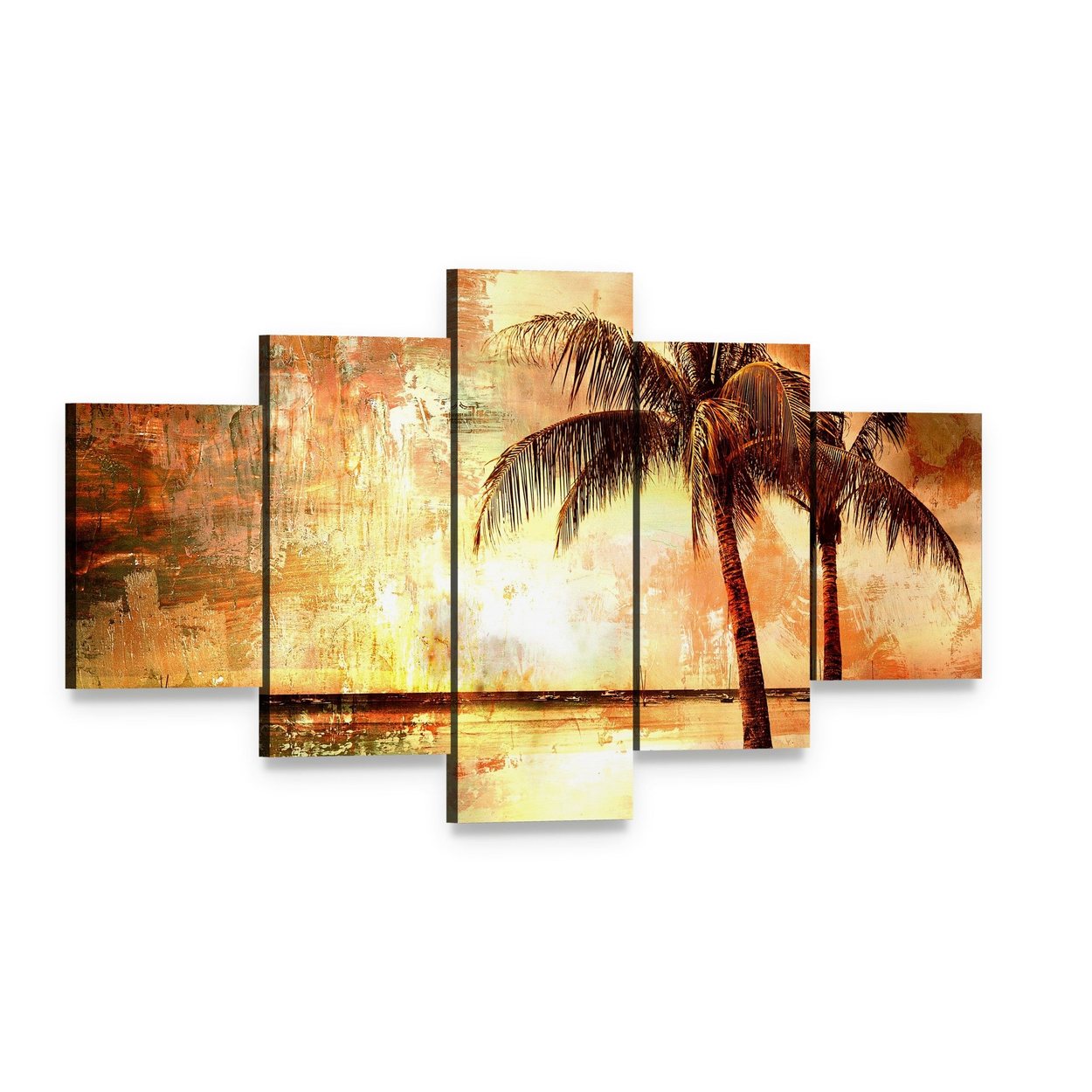 Tropical Sunset with Palm Trees and Reflection Canvas Wall Art, 5 panel 5 Star layout gallery wrapped canvas set, angled product view