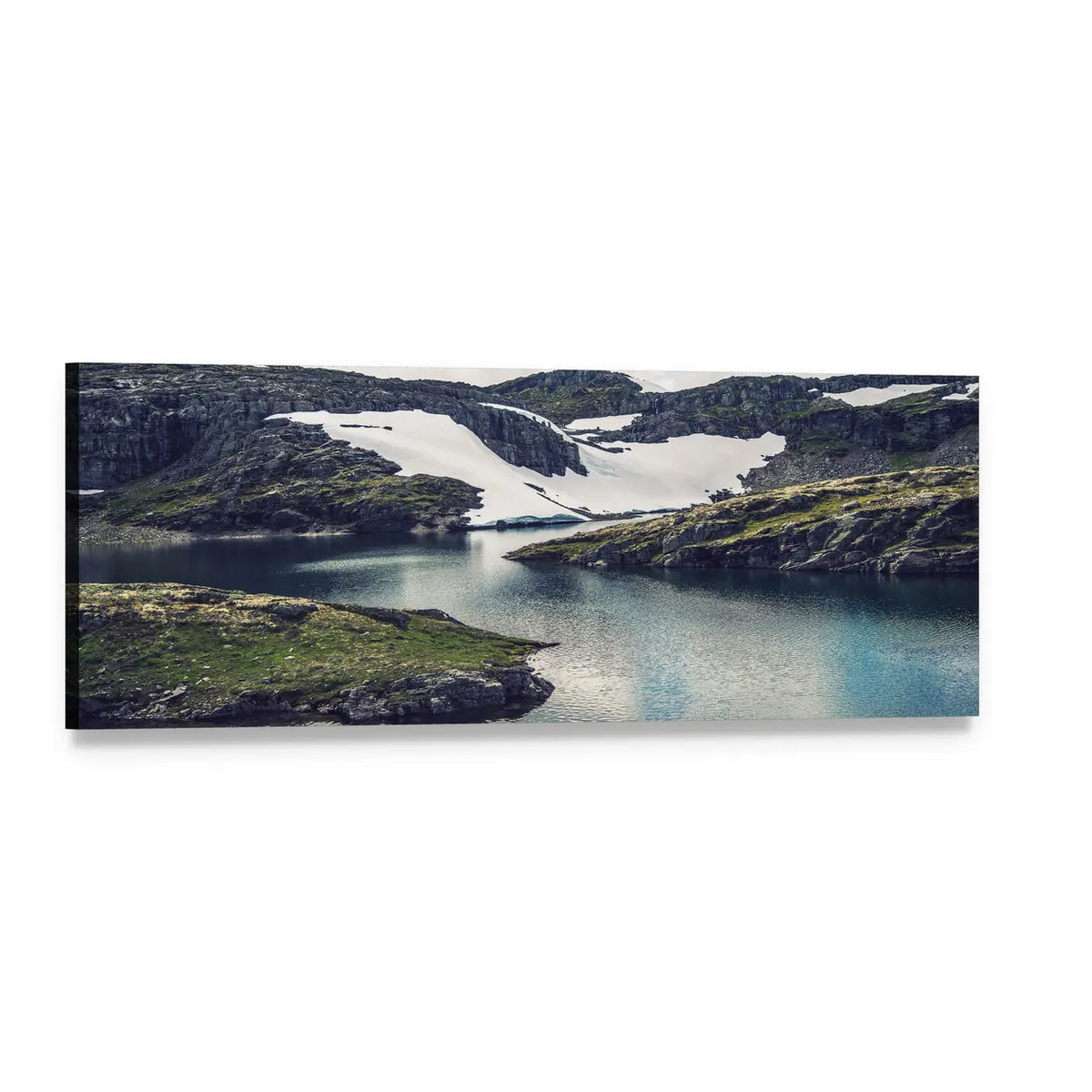 Glacial Mountain Lake Panoramic Canvas Wall Art, single panel gallery wrapped canvas, angled product view