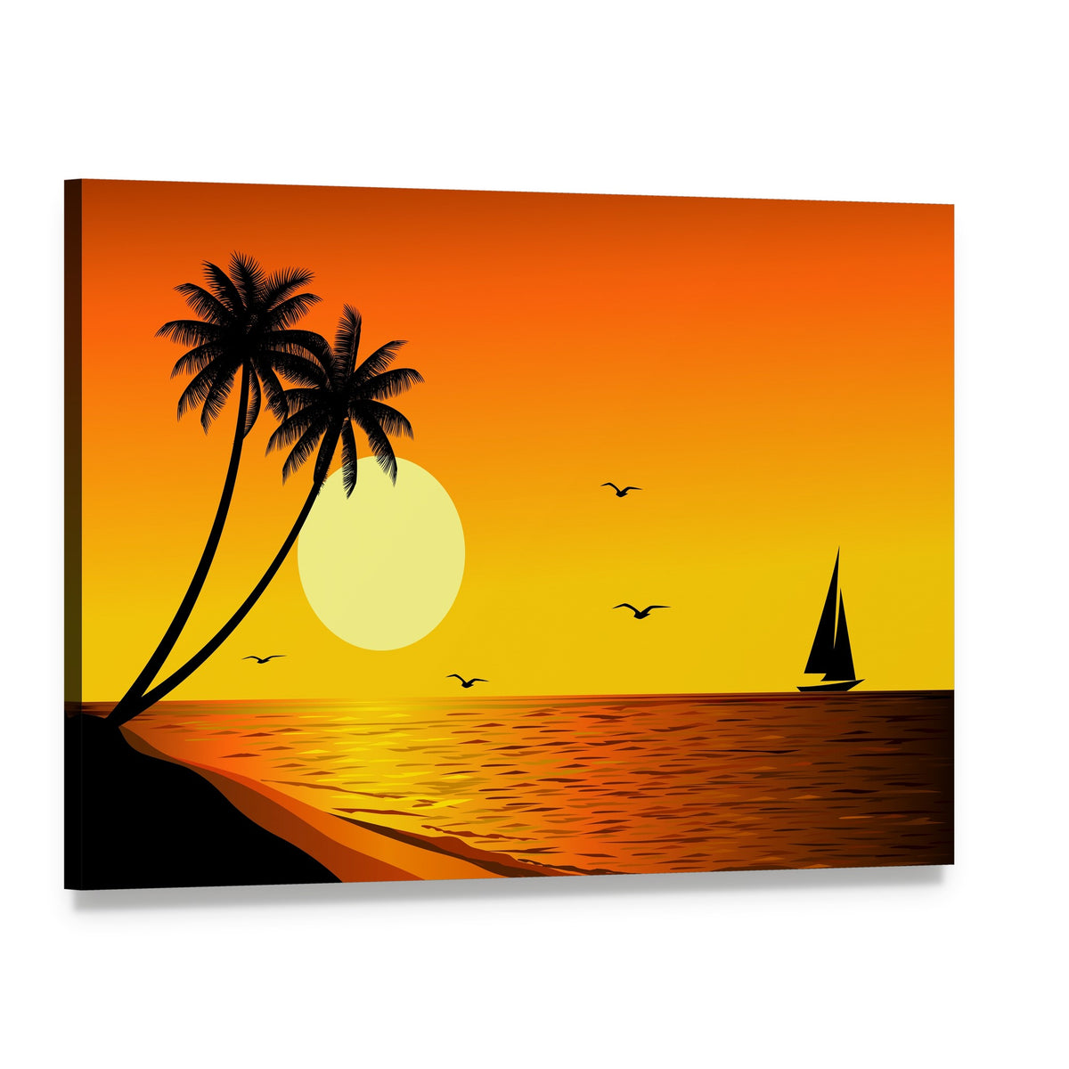 Sailboat at Sunset Over River with Palm Silhouettes Canvas Wall Art, single panel gallery wrapped canvas, angled product view