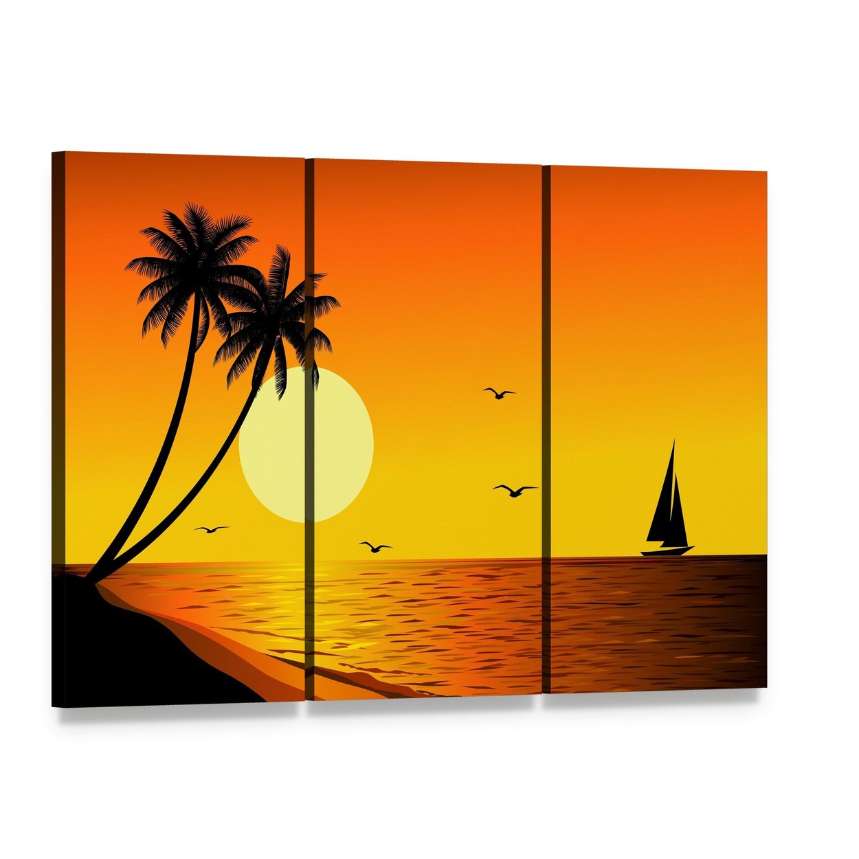 Sailboat at Sunset Over River with Palm Silhouettes Canvas Wall Art, 3 panel 3 Horizontal layout gallery wrapped canvas set, angled product view