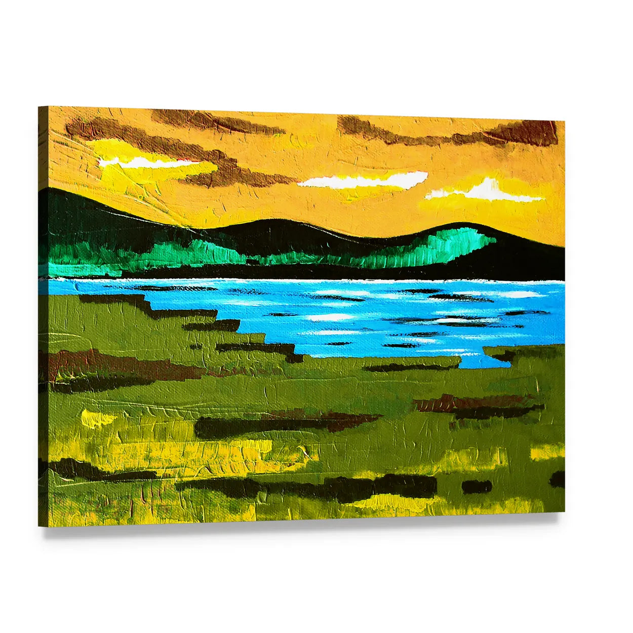 Sunset Lake Meadow Canvas Wall Art, single panel gallery wrapped canvas, angled product view