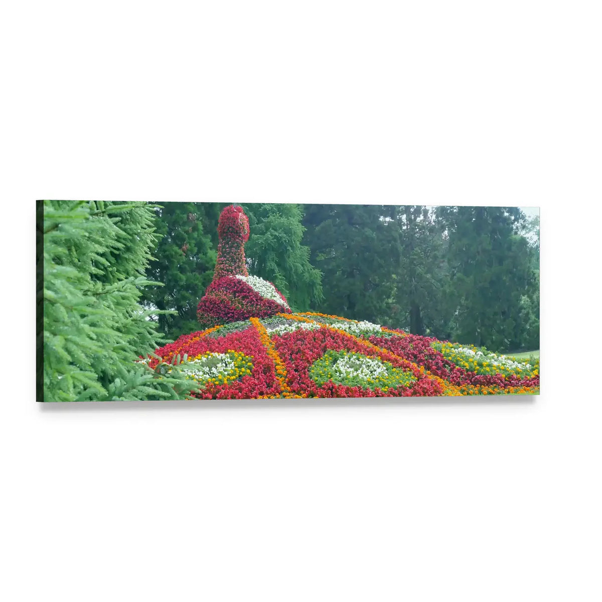 Floral Peacock Garden Sculpture Panoramic Canvas Wall Art, single panel gallery wrapped canvas, angled product view