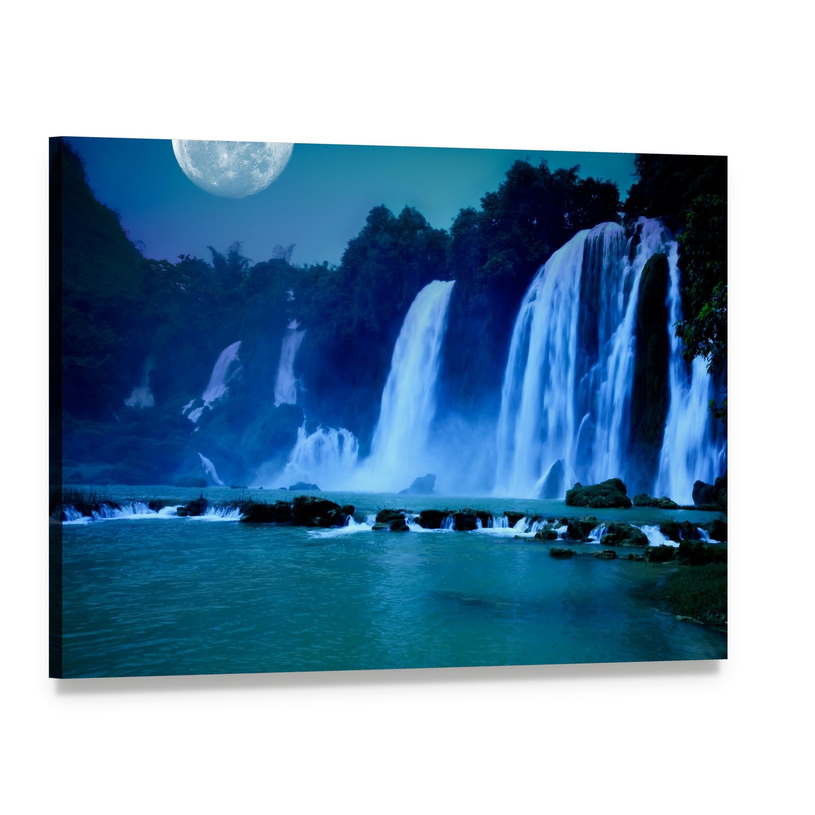 Waterfall Under Moonlight Canvas Wall Art, single panel gallery wrapped canvas, angled product view