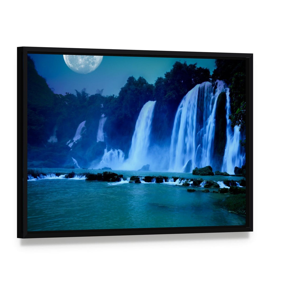 Waterfall Under Moonlight Canvas Wall Art, framed canvas in a black floater frame, angled product view