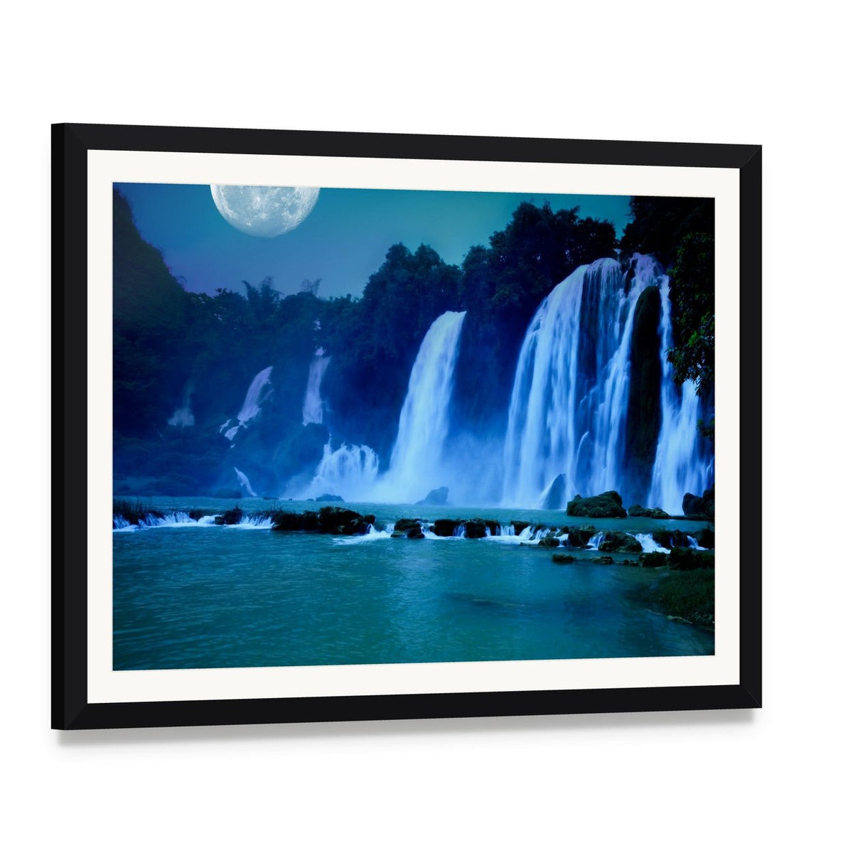 Waterfall Under Moonlight Canvas Wall Art, framed print with white mat and black frame, angled product view