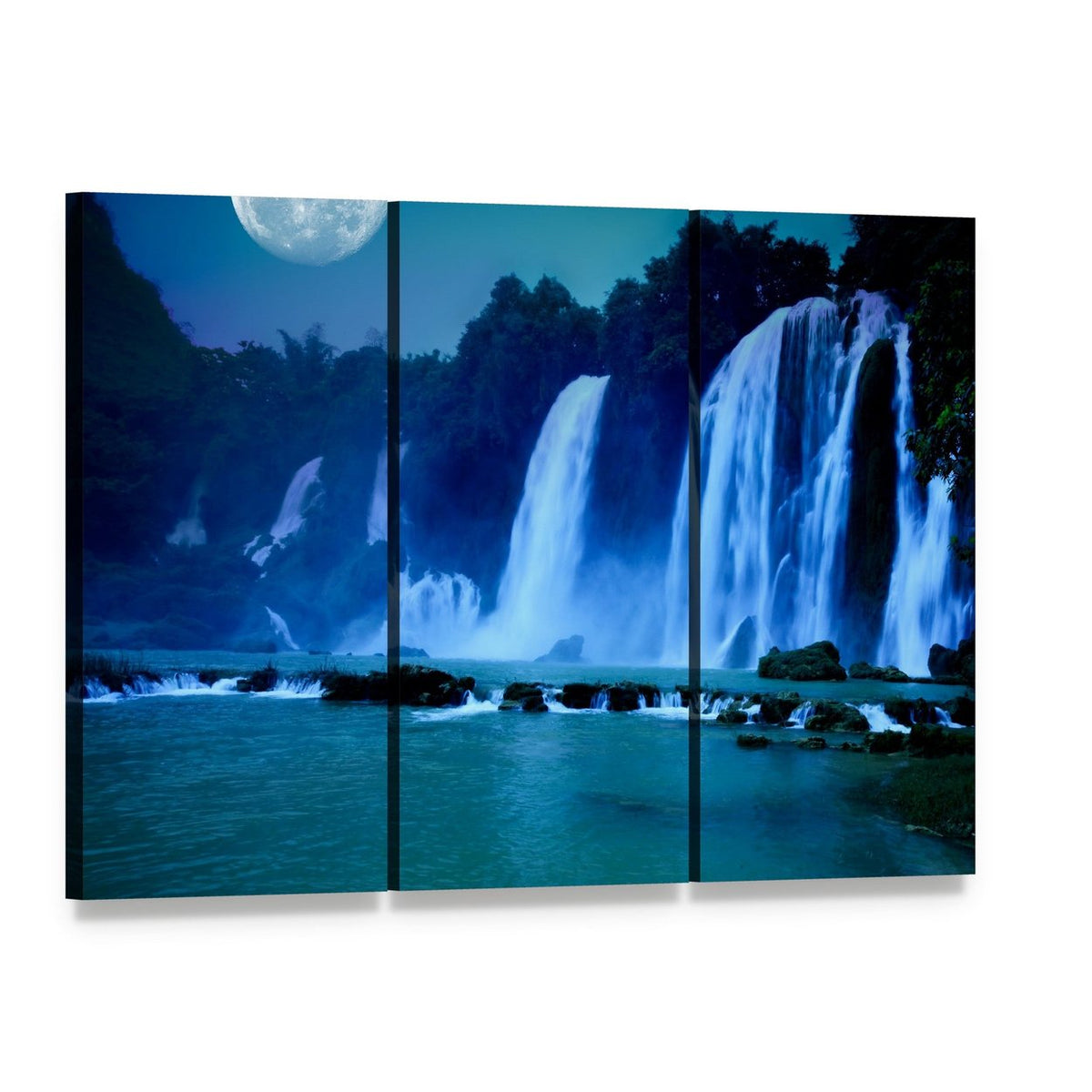 Moonlit Waterfall Canvas Wall Art, 3 panel 3 Horizontal layout gallery wrapped canvas set, angled product view