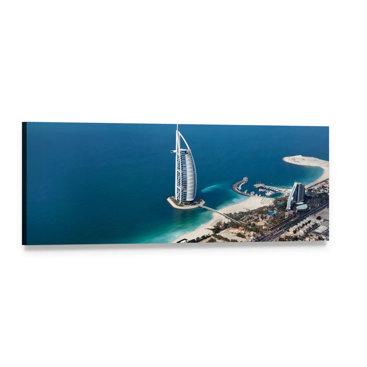 Burj Al Arab Aerial View Panoramic Canvas Wall Art, single panel gallery wrapped canvas, angled product view
