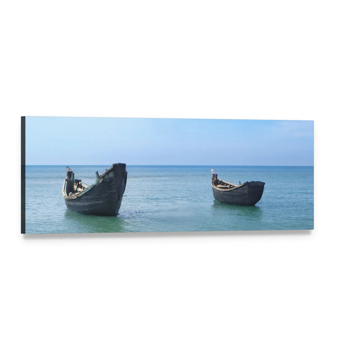 Two Fishing Boats on Saint Martins Island Panoramic Canvas Wall Art, single panel gallery wrapped canvas, angled product view
