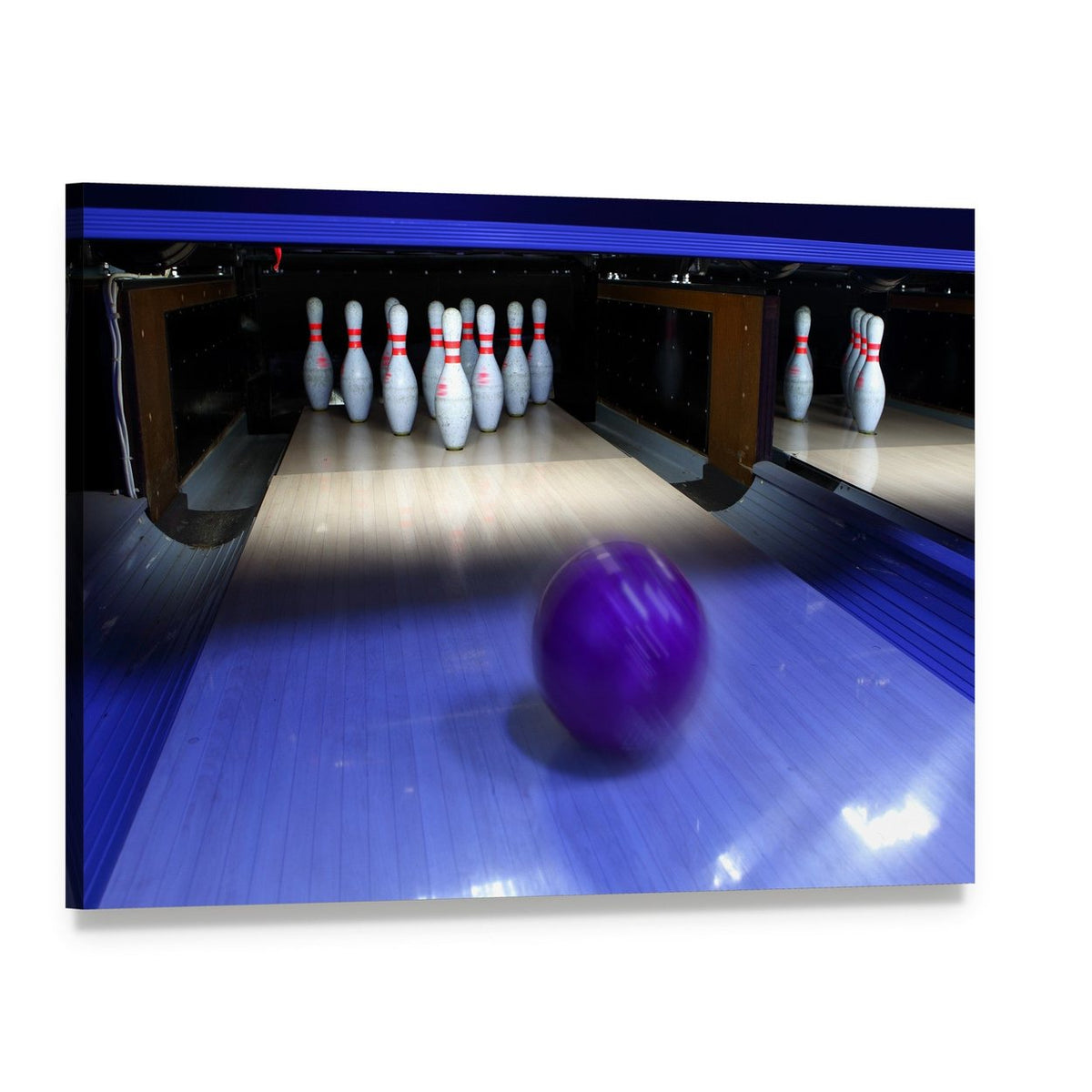 Bowling Ball and Pins Canvas Wall Art, single panel gallery wrapped canvas, angled product view