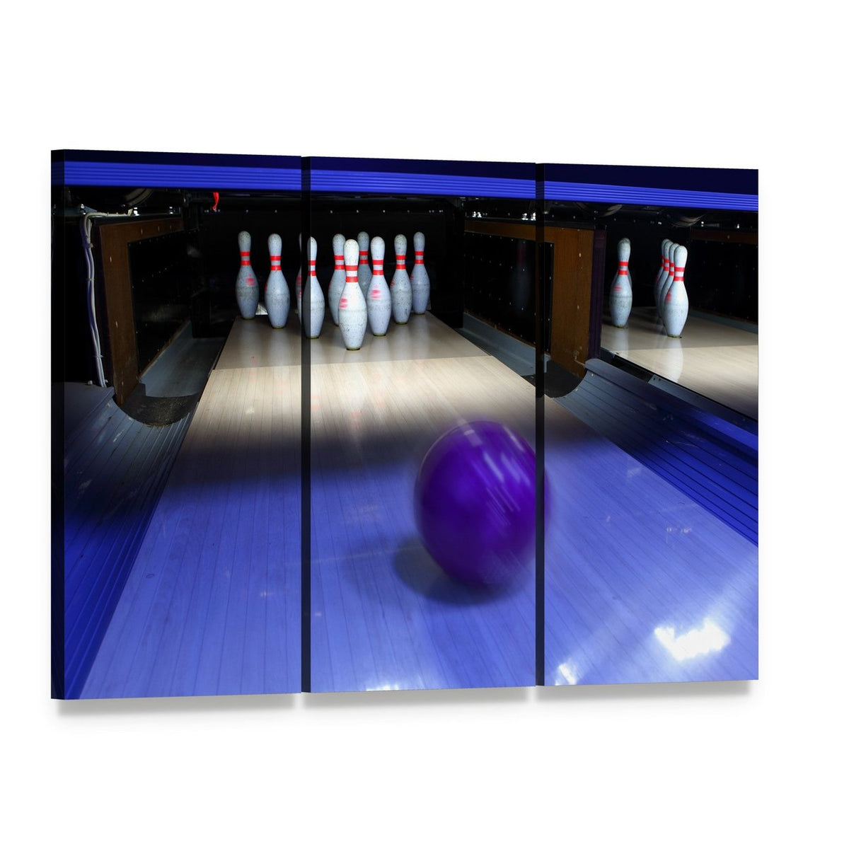 Bowling Ball and Pins Canvas Wall Art, 3 panel 3 Horizontal layout gallery wrapped canvas set, angled product view