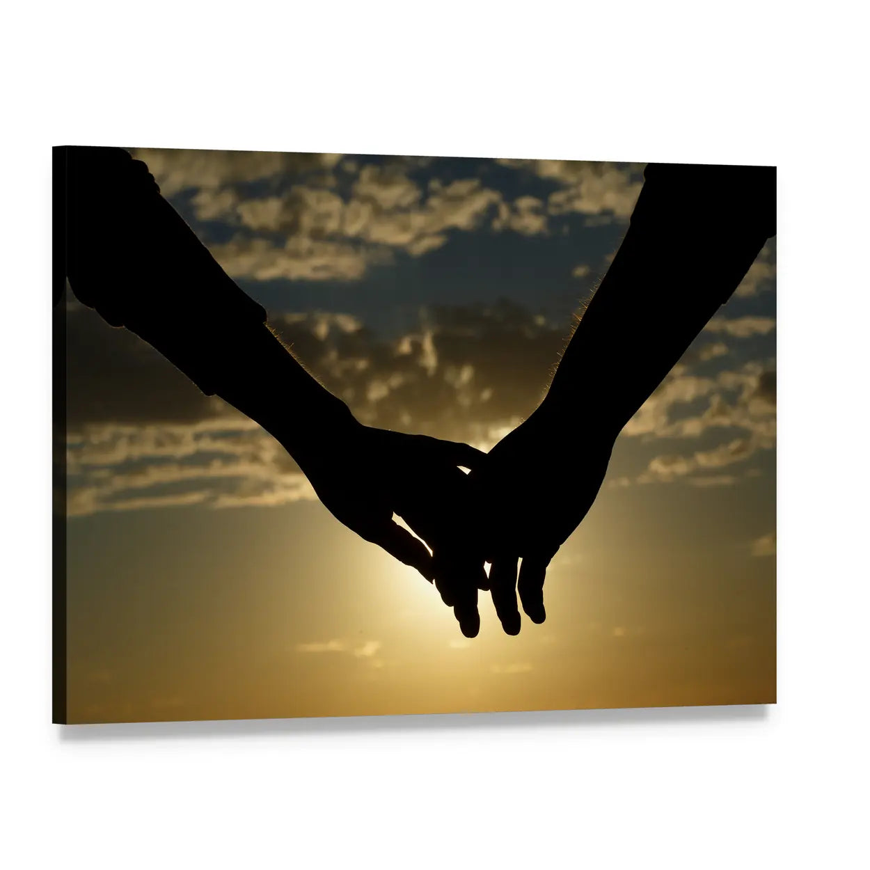 Couple Hands Silhouette at Sunset Canvas Wall Art, single panel gallery wrapped canvas, angled product view
