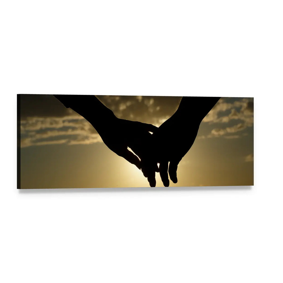 Interlocking Hands Silhouette at Sunset Panoramic Canvas Wall Art, single panel gallery wrapped canvas, angled product view