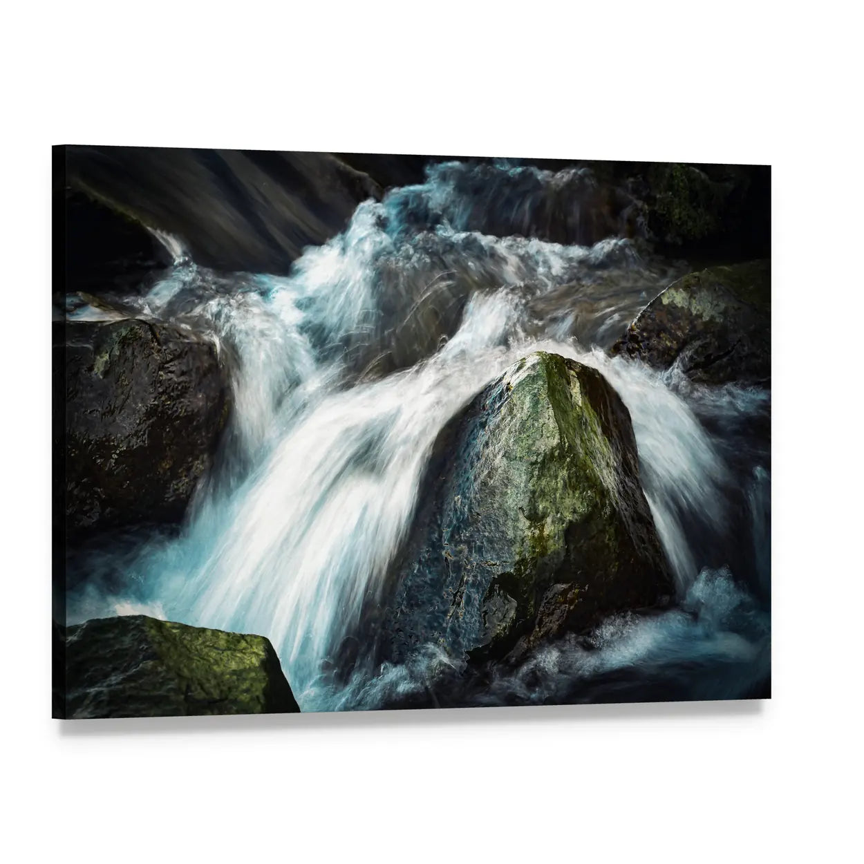 Wild River Between Stones Canvas Wall Art, single panel gallery wrapped canvas, angled product view