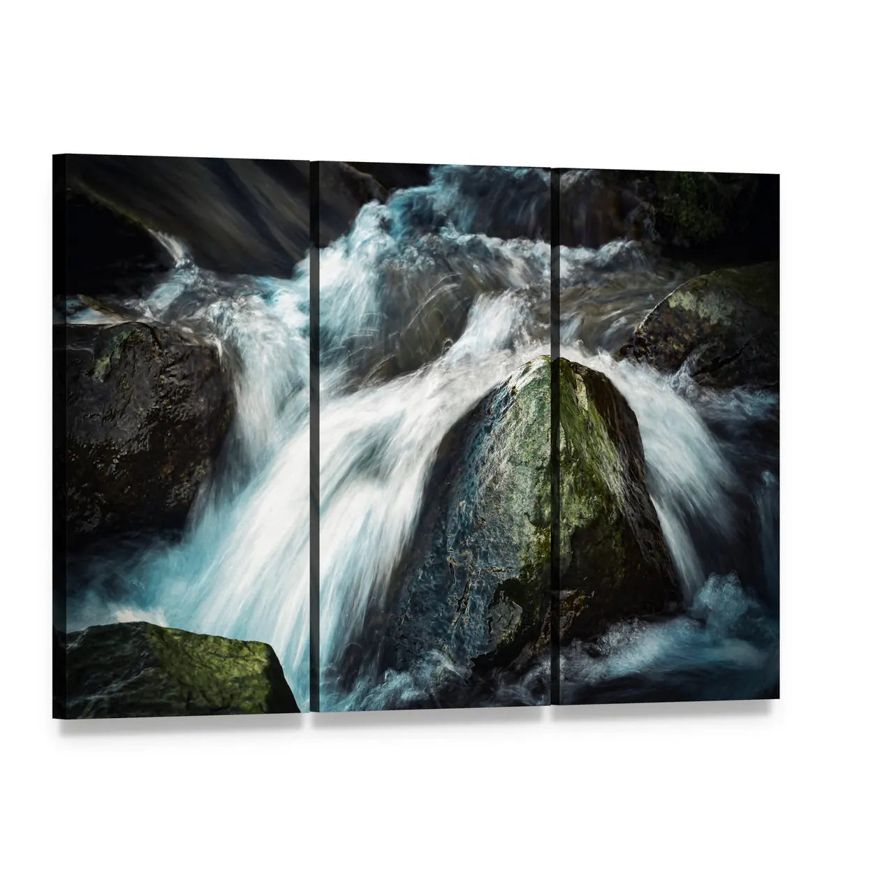 Wild River Between Stones Canvas Wall Art, 3 panel 3 Horizontal layout gallery wrapped canvas set, angled product view