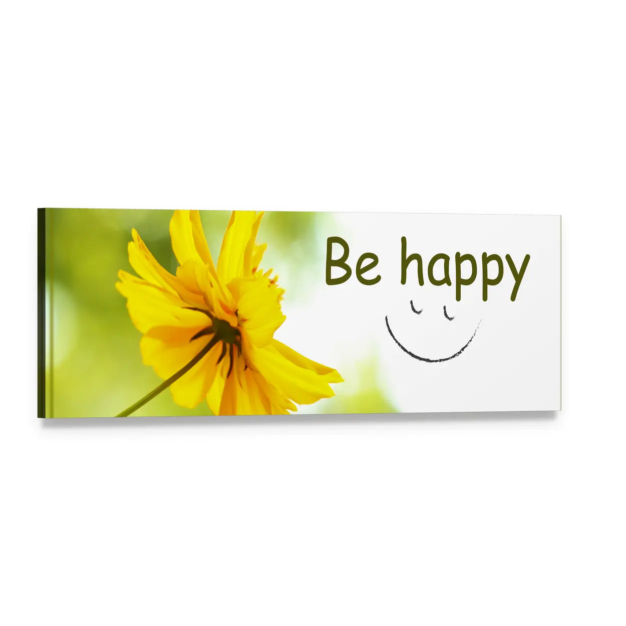 Yellow Flower with Be Happy Smiley Face Panoramic Canvas Wall Art, single panel gallery wrapped canvas, angled product view