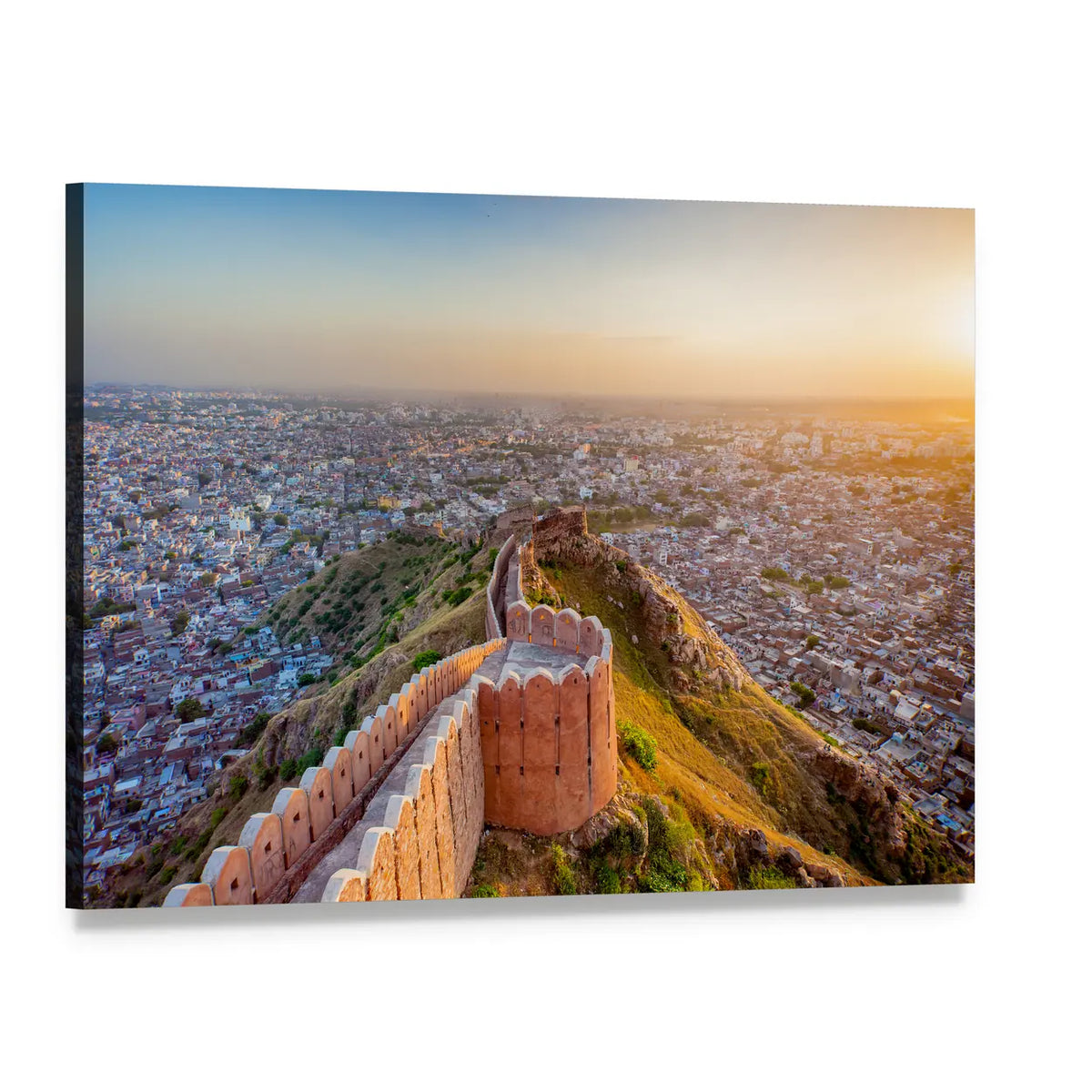 Jaipur from Nahargarh Fort at Sunset Canvas Wall Art, single panel gallery wrapped canvas, angled product view
