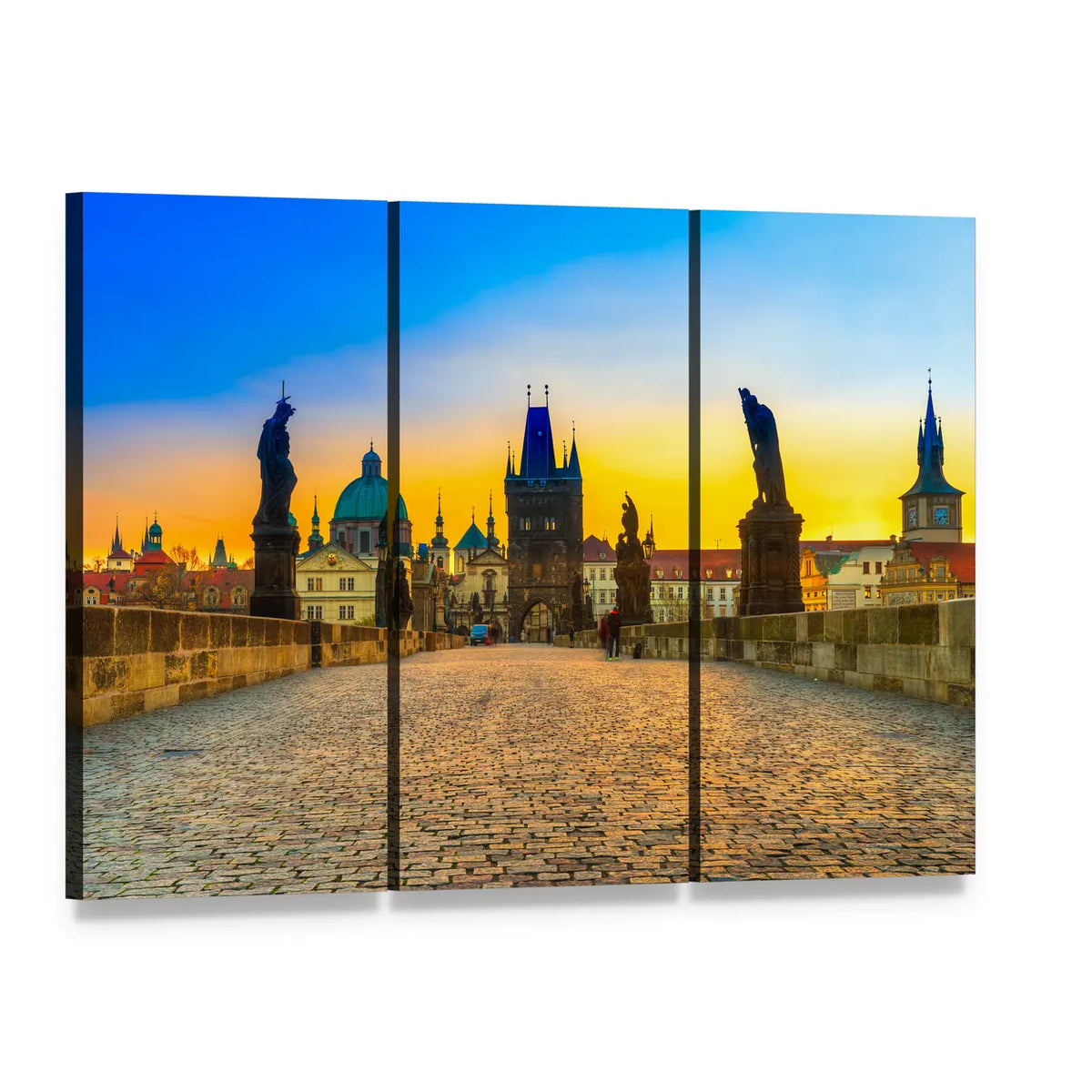 Historic Stone Bridge at Sunset Canvas Wall Art, 3 panel 3 Horizontal layout gallery wrapped canvas set, angled product view
