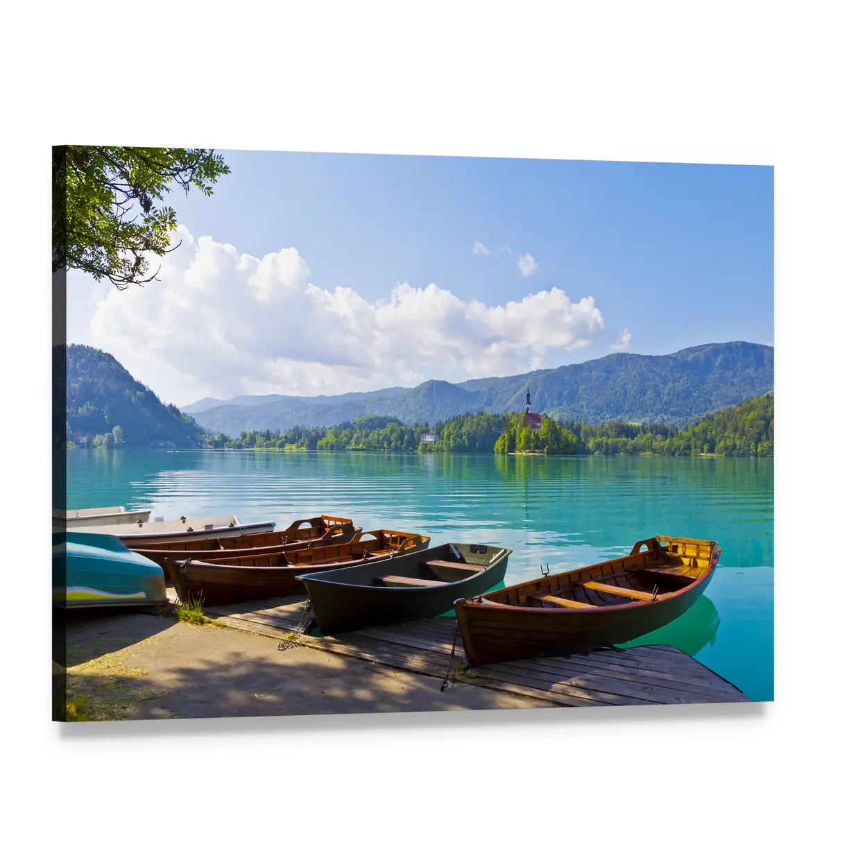 Boats at Bled Lake Canvas Wall Art, single panel gallery wrapped canvas, angled product view