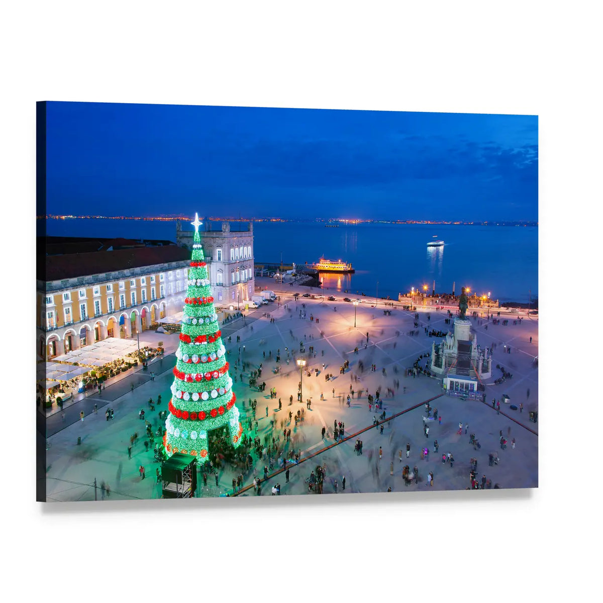 Twilight Christmas Tree Over Town Square Canvas Wall Art, single panel gallery wrapped canvas, angled product view