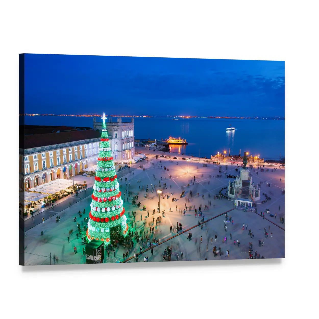 Twilight Christmas Tree Over Town Square Canvas Wall Art, single panel gallery wrapped canvas, angled product view