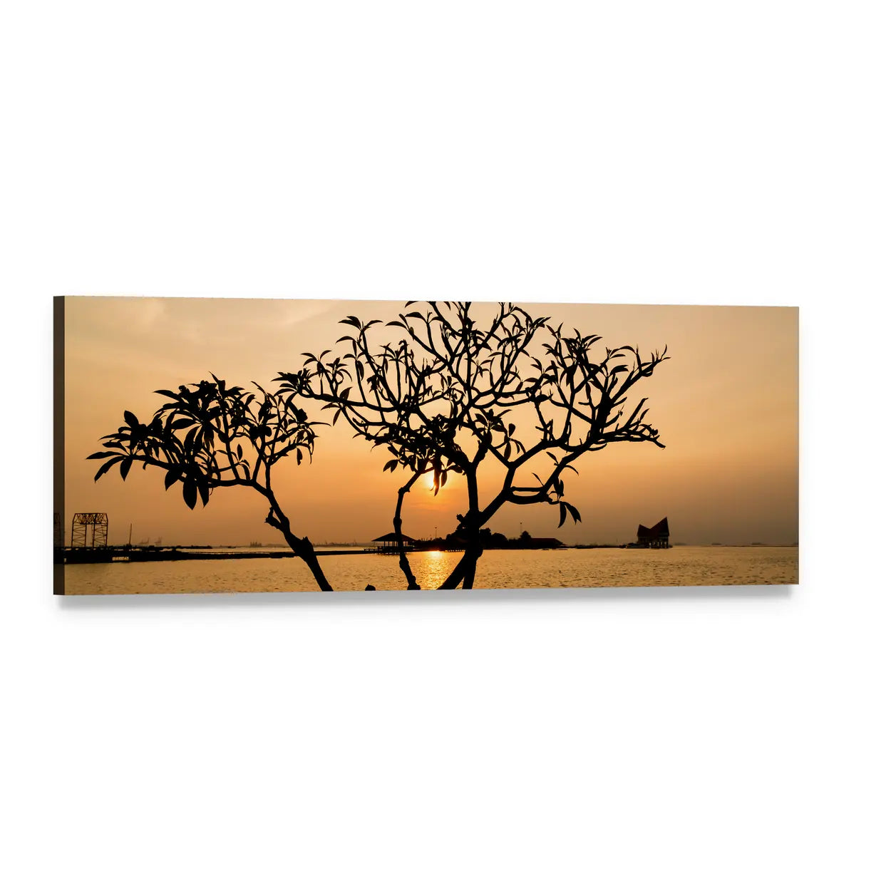 Tree Silhouette at Sunset Over Water Panoramic Canvas Wall Art, single panel gallery wrapped canvas, angled product view