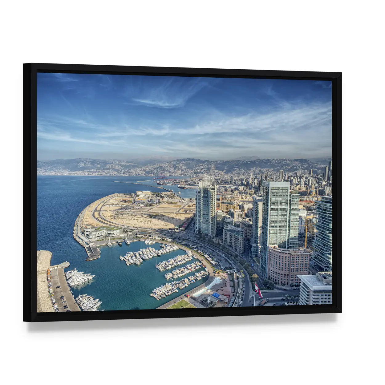 Beirut City Skyline with Harbor Canvas Wall Art, framed canvas in a black floater frame, angled product view