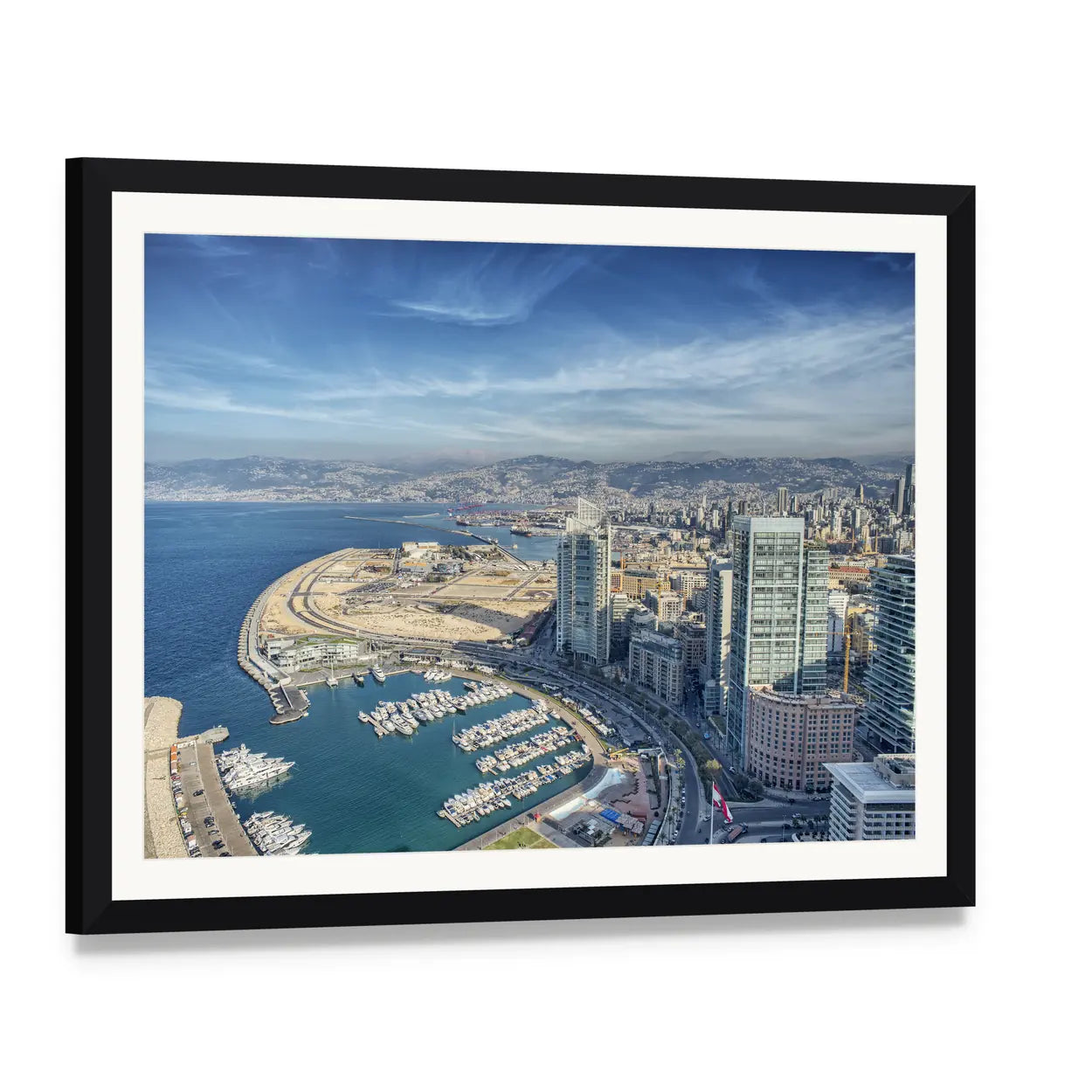 Beirut City Skyline with Harbor Canvas Wall Art, framed print with white mat and black frame, angled product view