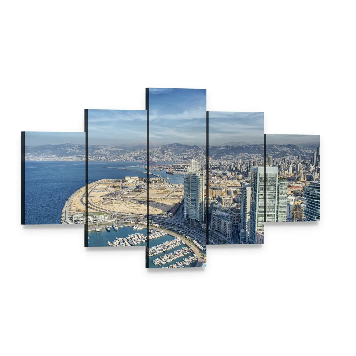 Beirut City Skyline with Harbor Canvas Wall Art, 5 panel 5 Star layout gallery wrapped canvas set, angled product view