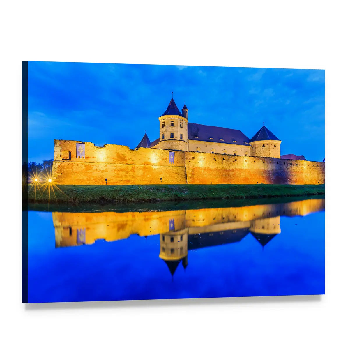 Fagaras Fortress Night Reflection Canvas Wall Art, single panel gallery wrapped canvas, angled product view