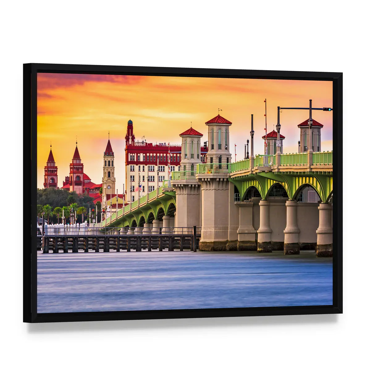 Bridge of Lions at Sunset Canvas Wall Art, framed canvas in a black floater frame, angled product view
