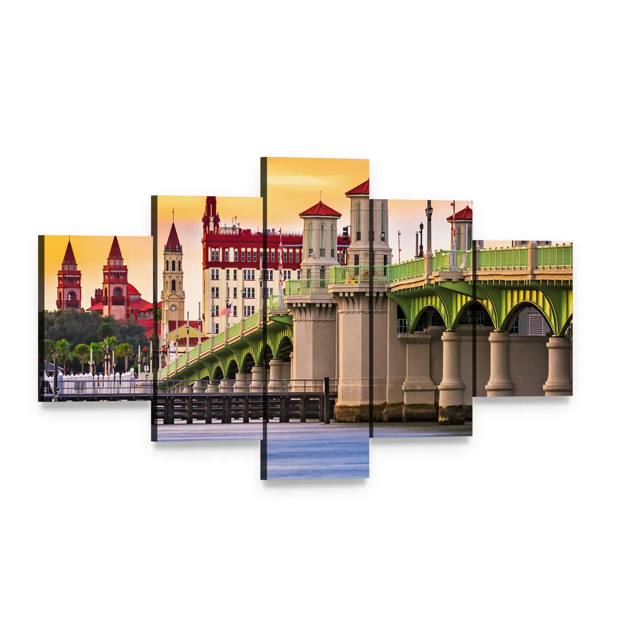 Bridge of Lions at Sunset Canvas Wall Art, 5 panel 5 Star layout gallery wrapped canvas set, angled product view