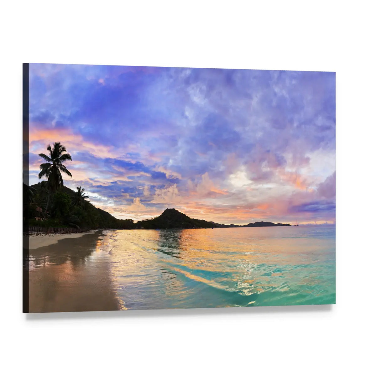 Tropical Beach Sunset with Palm Silhouette Canvas Wall Art, single panel gallery wrapped canvas, angled product view