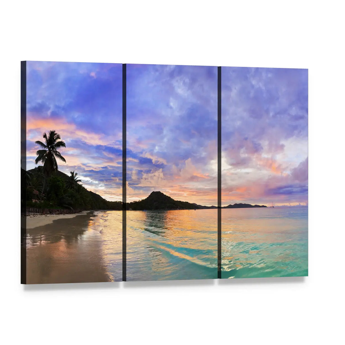 Tropical Beach Sunset with Palm Silhouette Canvas Wall Art, 3 panel 3 Horizontal layout gallery wrapped canvas set, angled product view