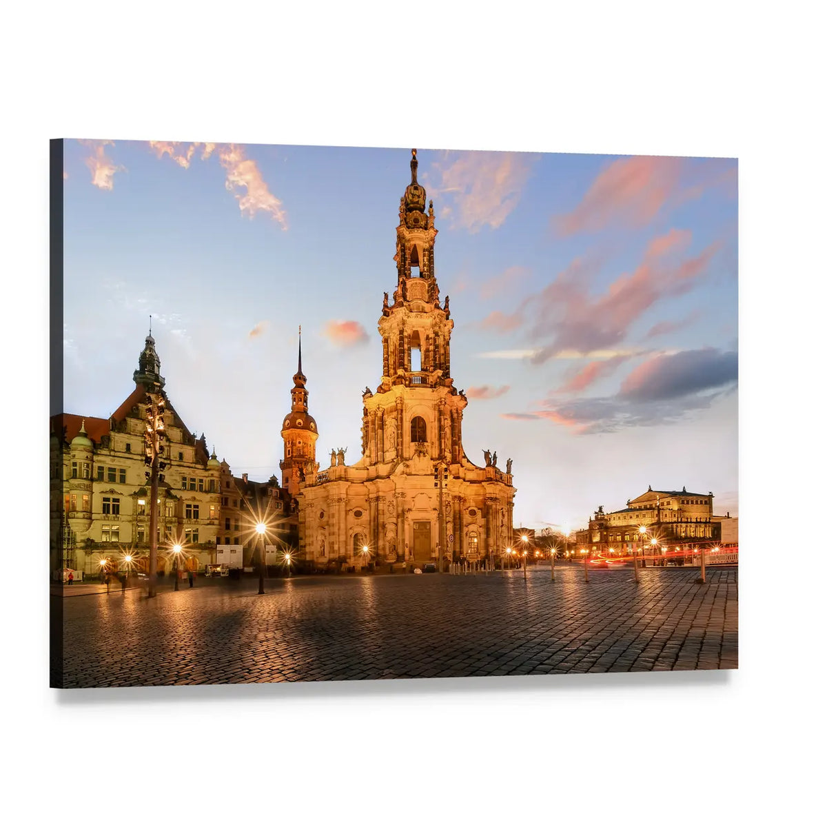 Dresden Cathedral at Sunset Canvas Wall Art, single panel gallery wrapped canvas, angled product view