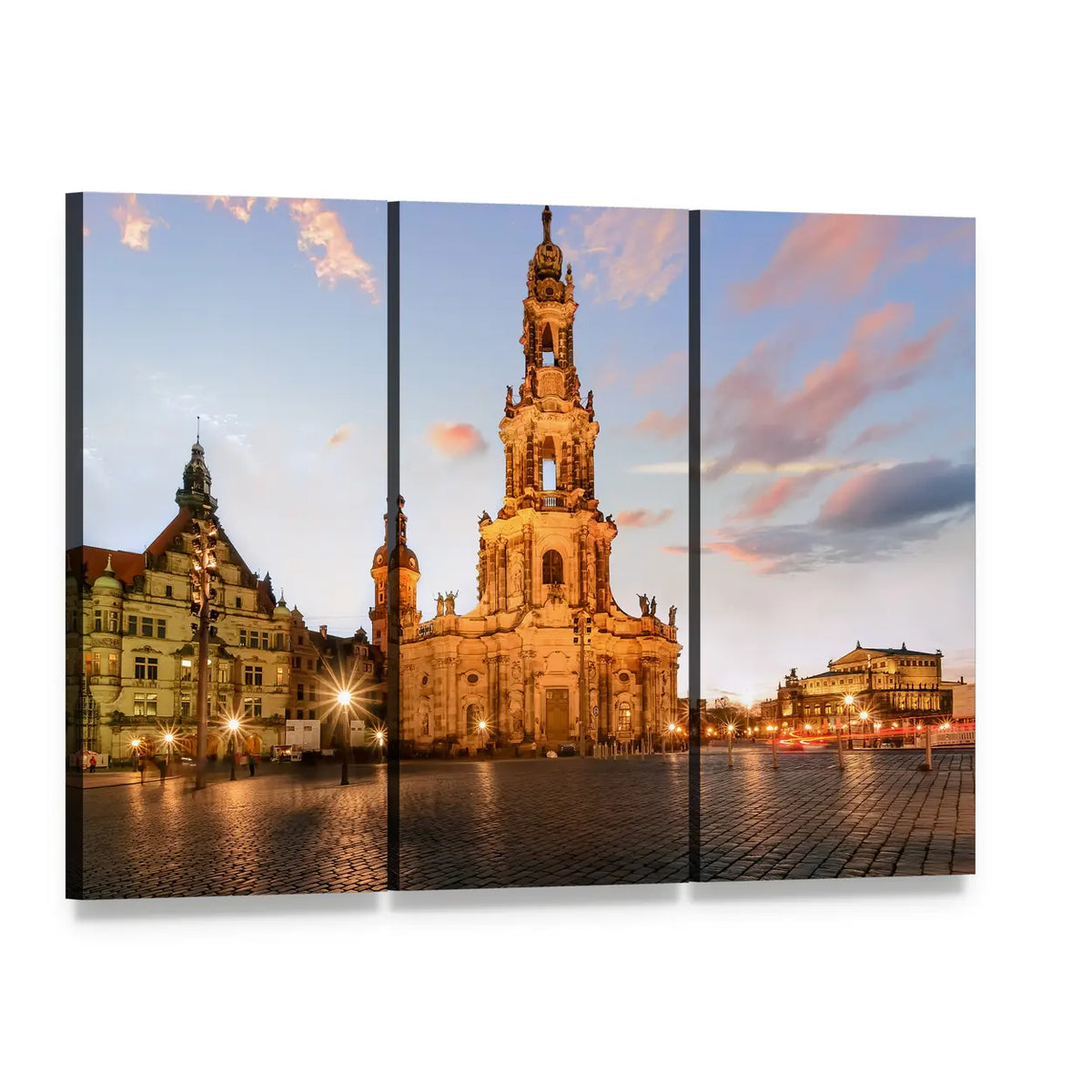 Dresden Cathedral at Sunset Canvas Wall Art, 3 panel 3 Horizontal layout gallery wrapped canvas set, angled product view