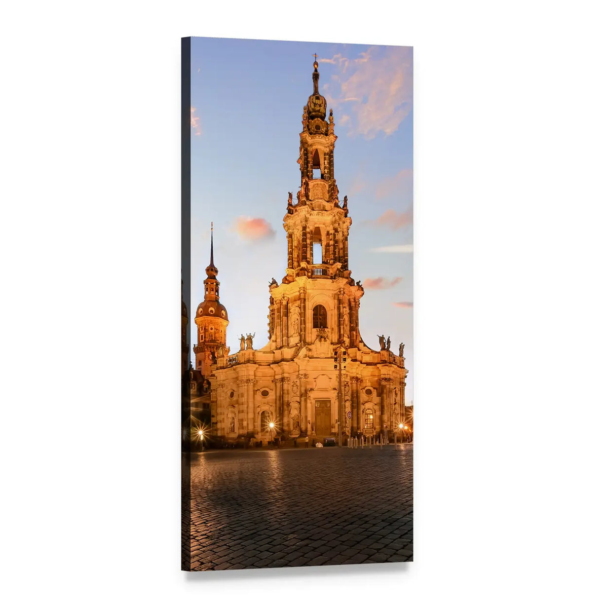 Baroque Cathedral and Steeple at Dusk Vertical Canvas Wall Art, 1 panel 1 Vertical layout gallery wrapped canvas set, angled product view