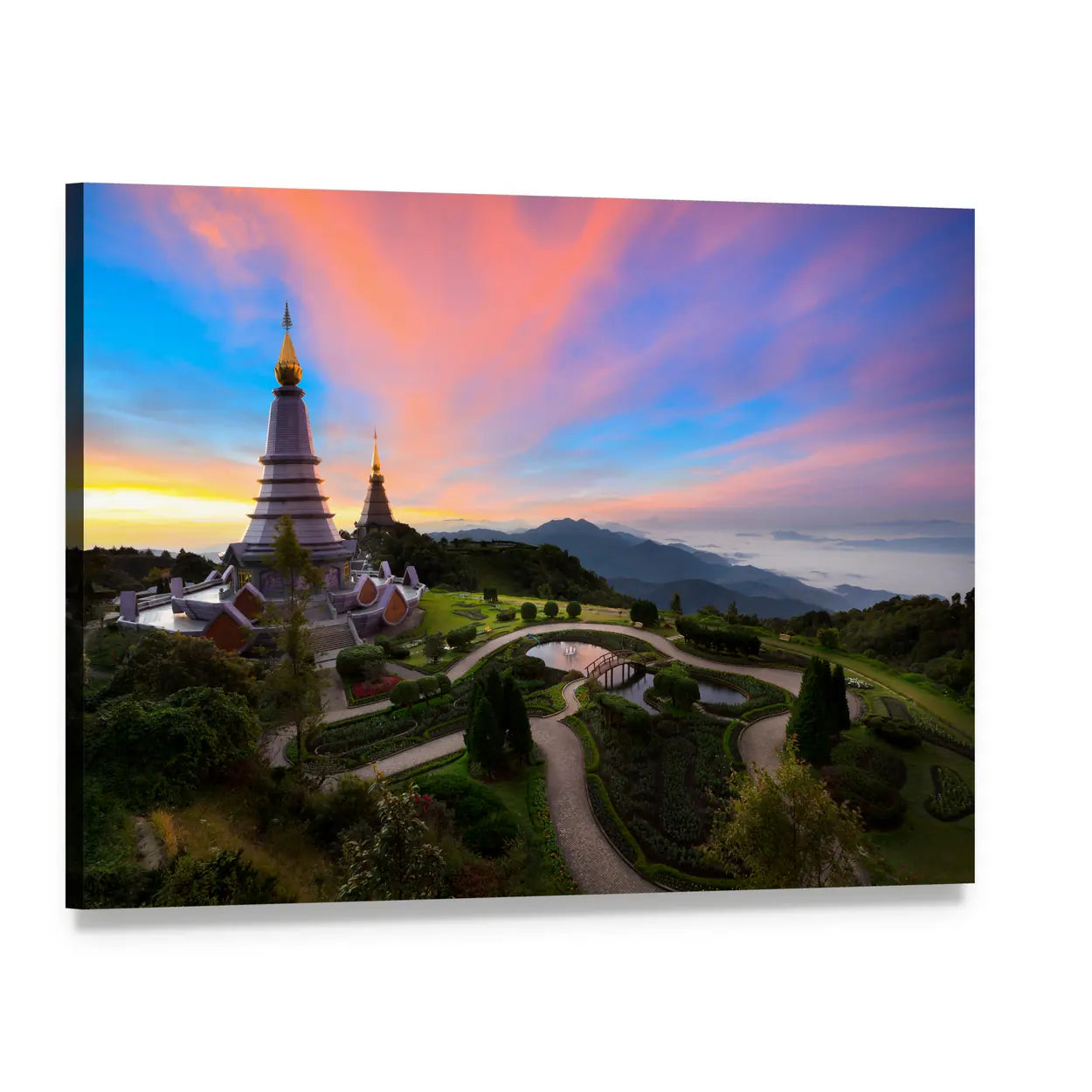 Sunset Pagoda in Thailand Canvas Wall Art, single panel gallery wrapped canvas, angled product view
