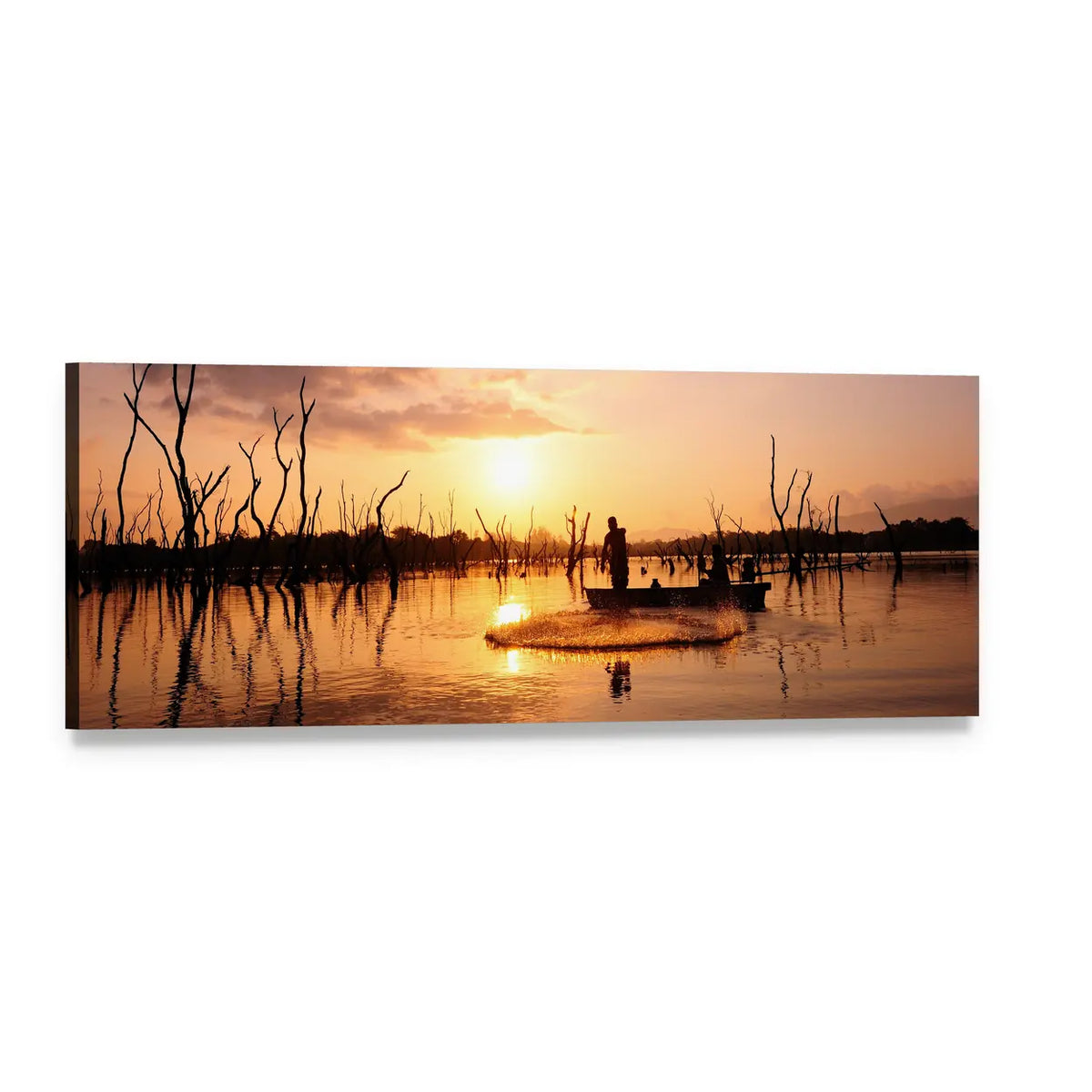 Fisherman Silhouette at Sunset Panoramic Canvas Wall Art, single panel gallery wrapped canvas, angled product view