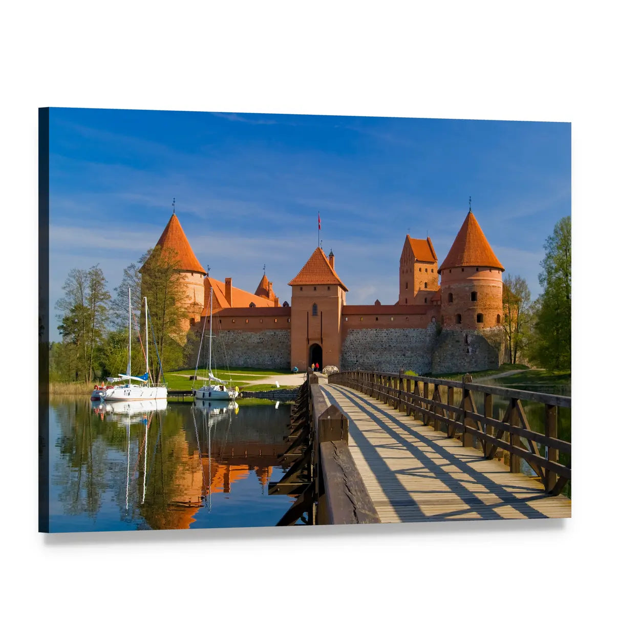 Trakai Island Castle with Wooden Bridge Canvas Wall Art, single panel gallery wrapped canvas, angled product view