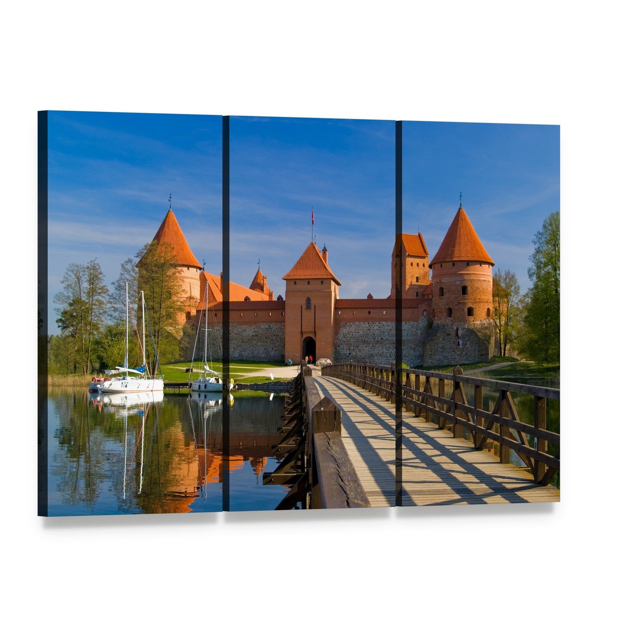 Island Castle in Trakai Canvas Wall Art, 3 panel 3 Horizontal layout gallery wrapped canvas set, angled product view