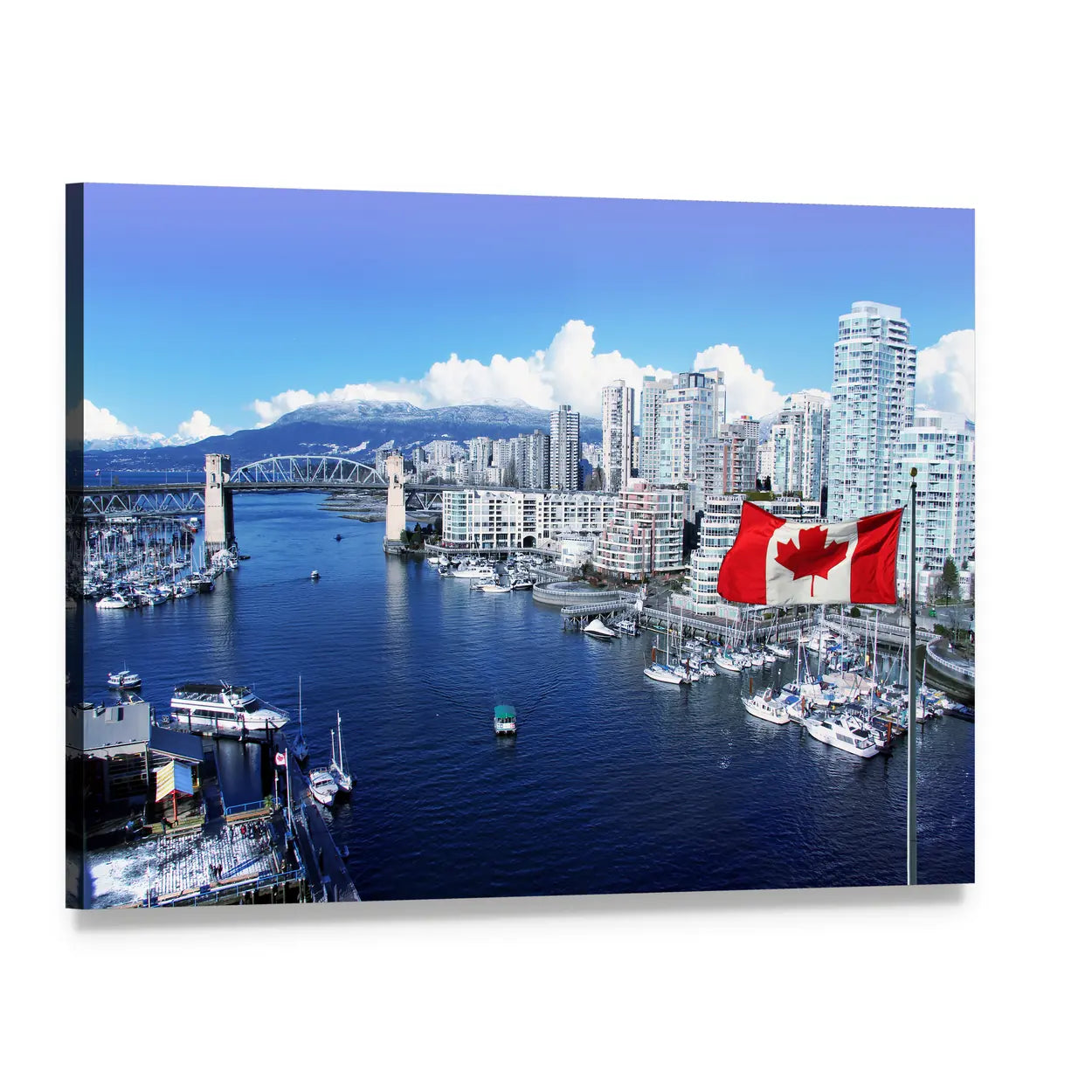 False Creek Vancouver Skyline with Canadian Flag Canvas Wall Art, single panel gallery wrapped canvas, angled product view