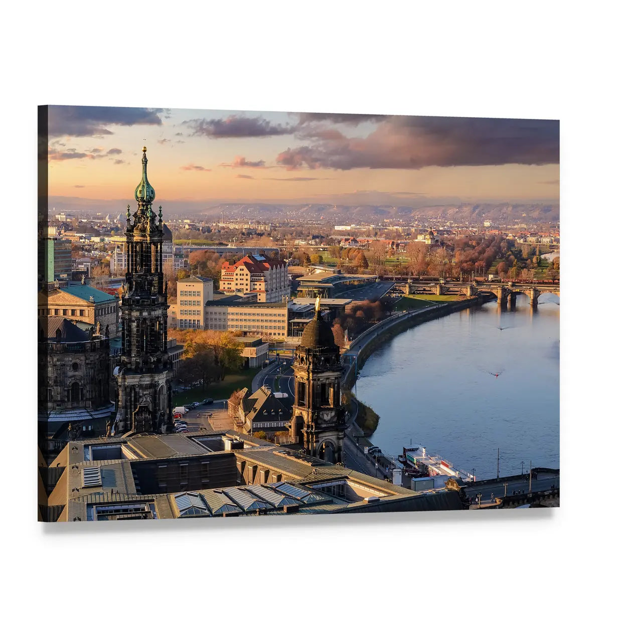 Dresden Riverfront Skyline at Late Afternoon Canvas Wall Art, single panel gallery wrapped canvas, angled product view