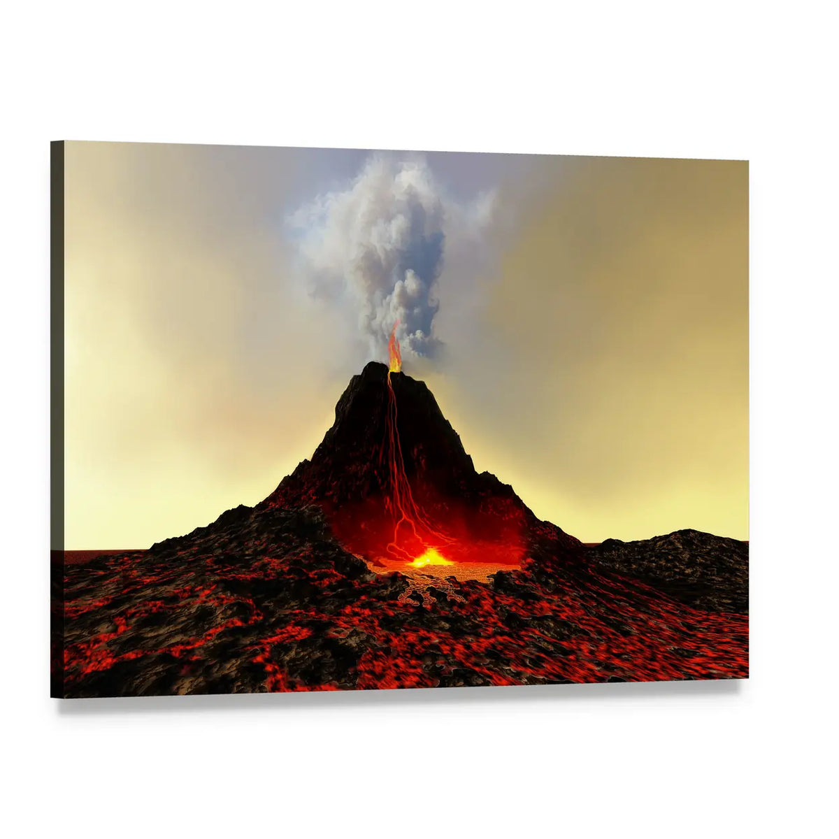 Erupting Volcano with Flowing Lava Canvas Wall Art, single panel gallery wrapped canvas, angled product view