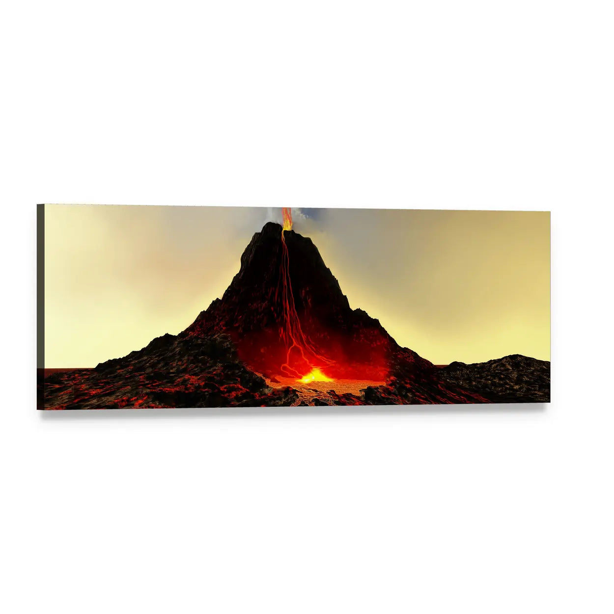 Volcano with Hot Red Lava Panoramic Canvas Wall Art, single panel gallery wrapped canvas, angled product view