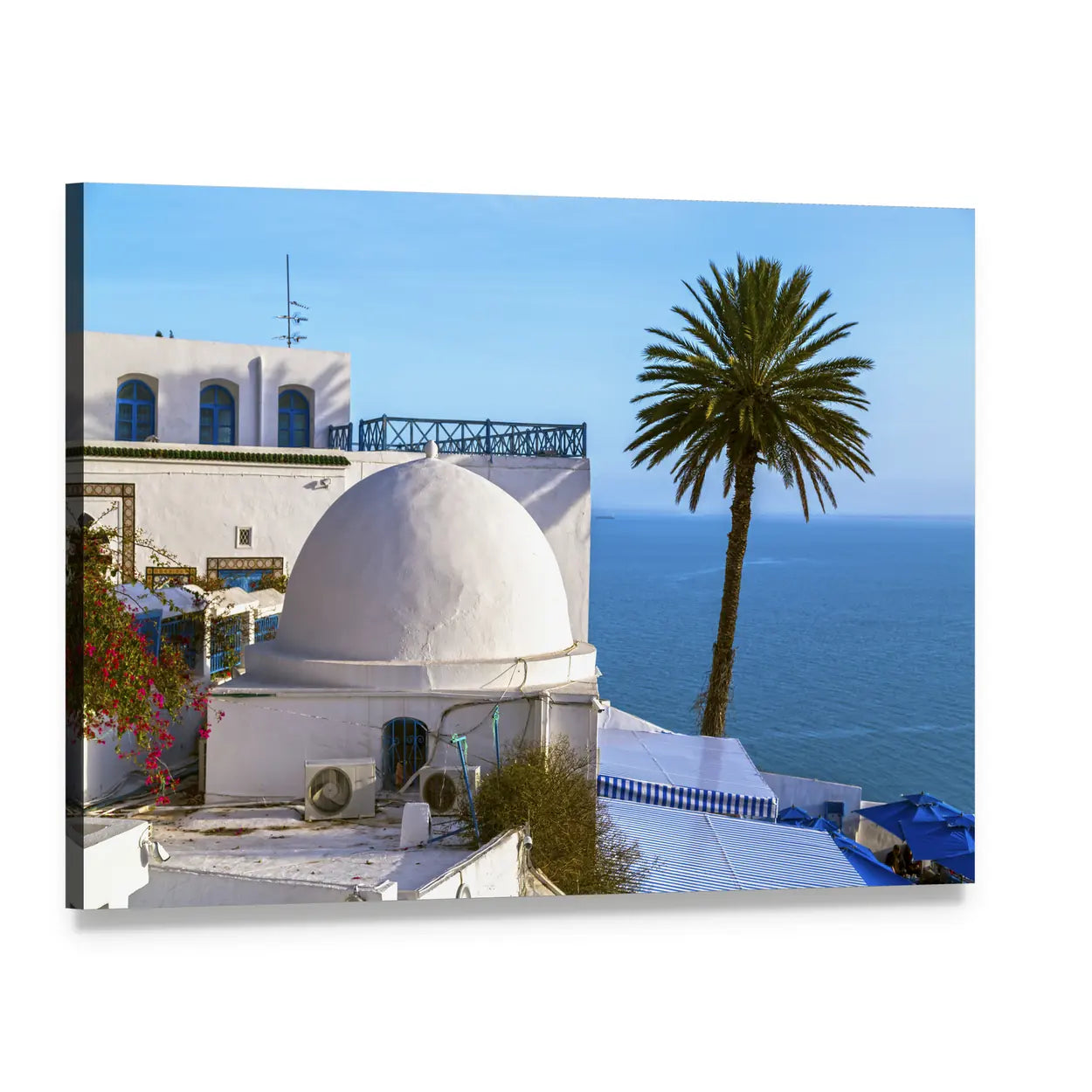Mediterranean Town with White Dome and Palm Canvas Wall Art, single panel gallery wrapped canvas, angled product view