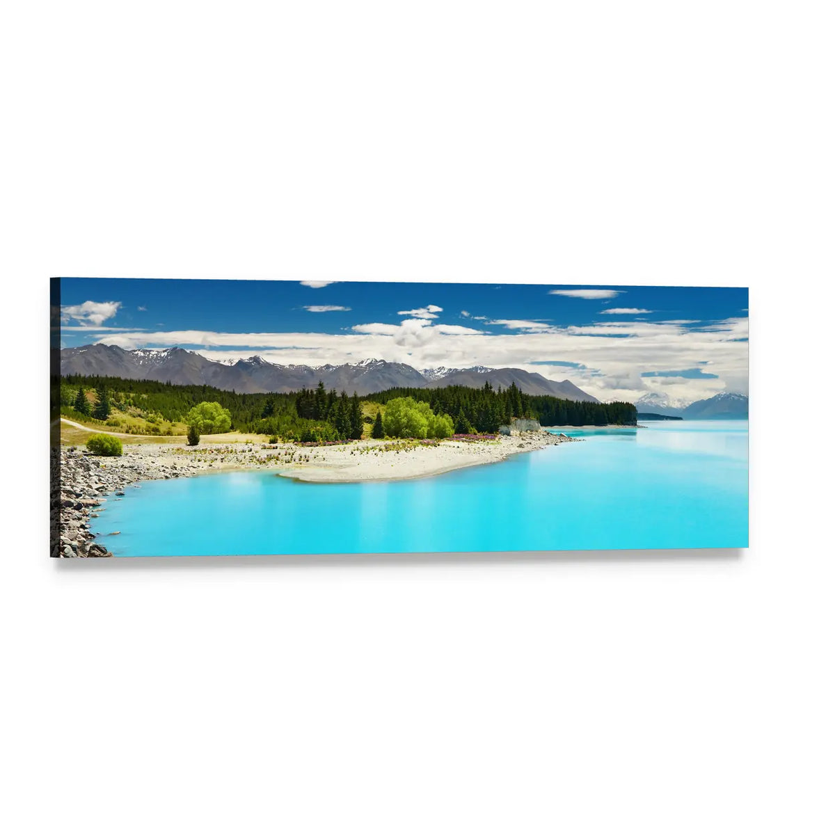 Pukaki Lake with Snow-capped Mountains Panoramic Canvas Wall Art, single panel gallery wrapped canvas, angled product view