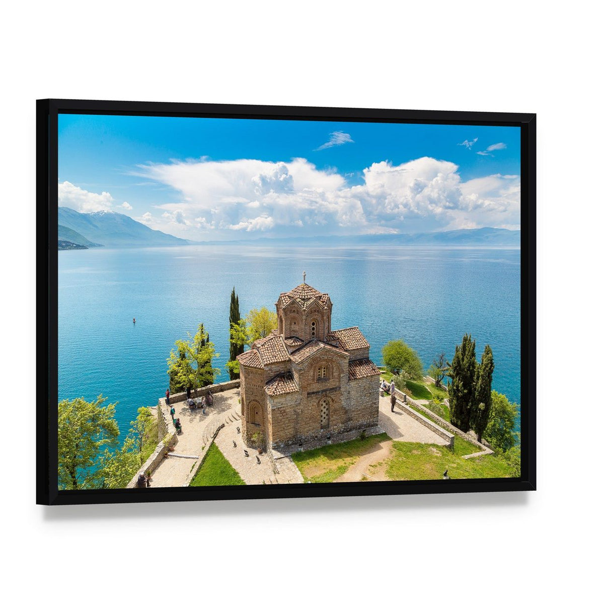 Jovan Kaneo Church Overlooking Ohrid Lake Canvas Wall Art, framed canvas in a black floater frame, angled product view